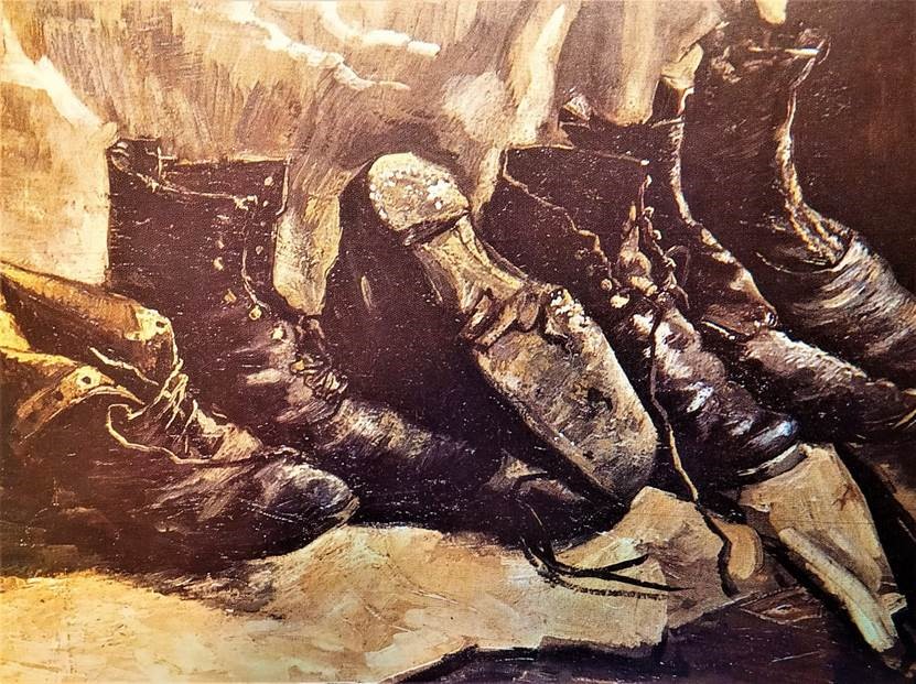 החור בקרקעית הנעל שמונחת במרכז התמונה, בציור של ון גוך 